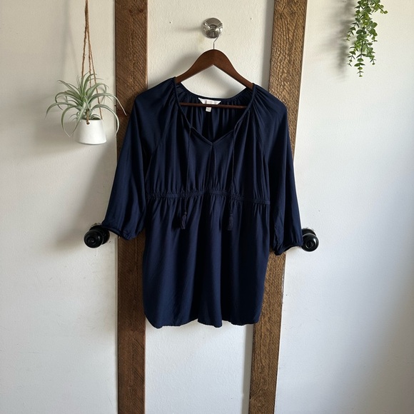 A:Glow Maternity Women’s Navy Blue Rayon Blouse Tassel Strings Size Small - Picture 3 of 12